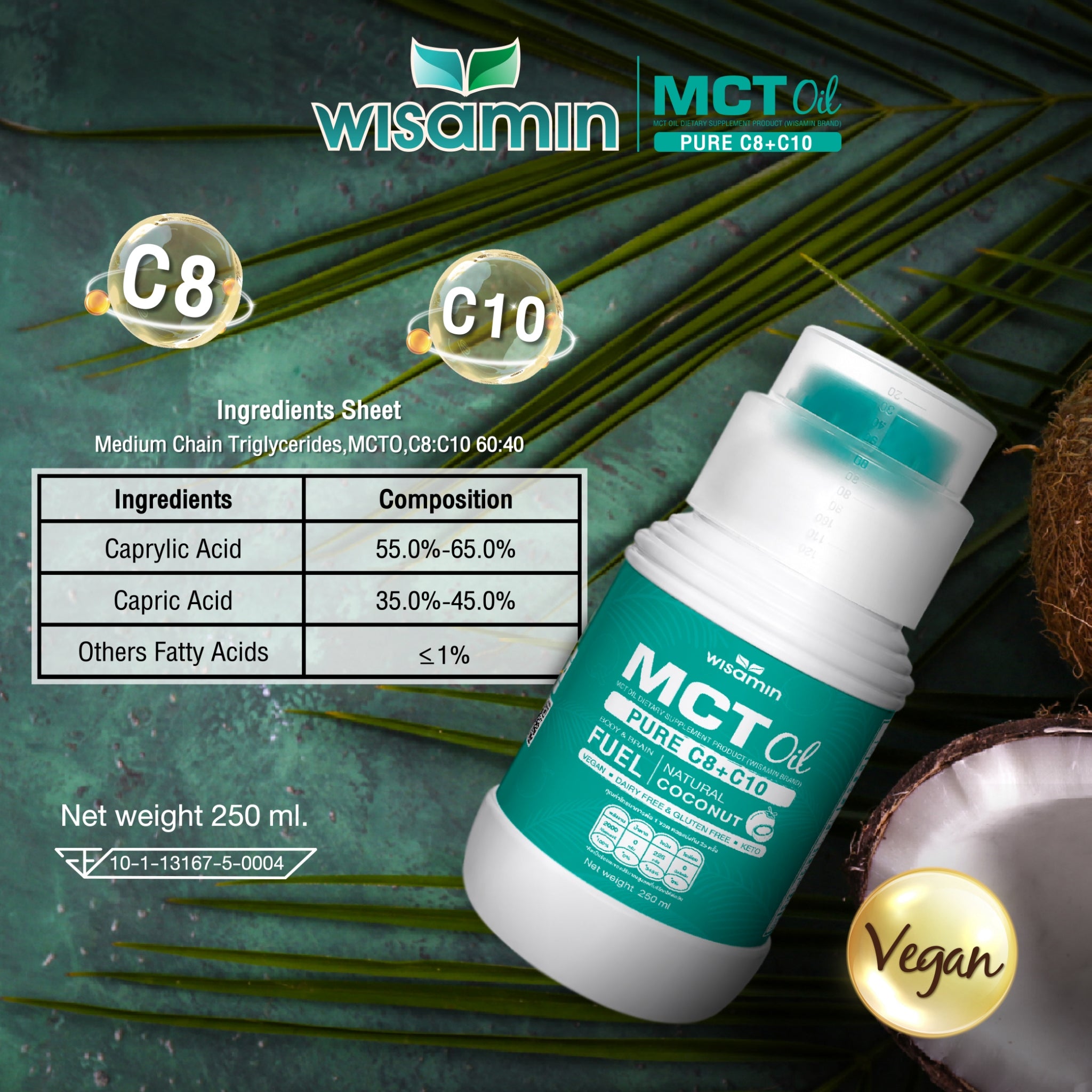 WISAMIN 100% Pure Coconut MCT Oil C8+C10 | Liquid 250ml | Vegan & Keto