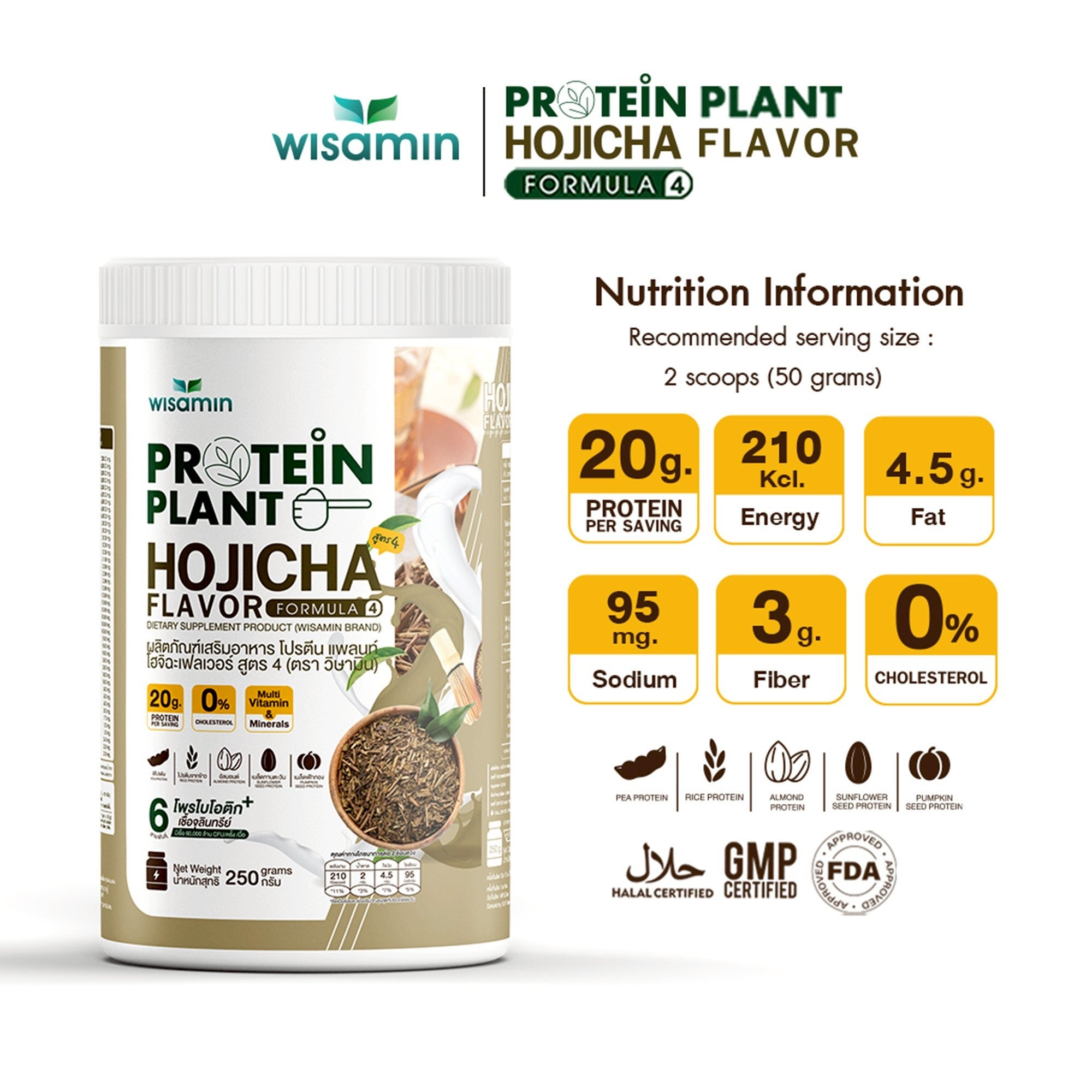 WISAMIN Plant Protein Formula 4 | High protein 18-22g | 250g | 14 Flavors | Halal Certified | Organic | Probiotics & Vitamin-Mineral Blend