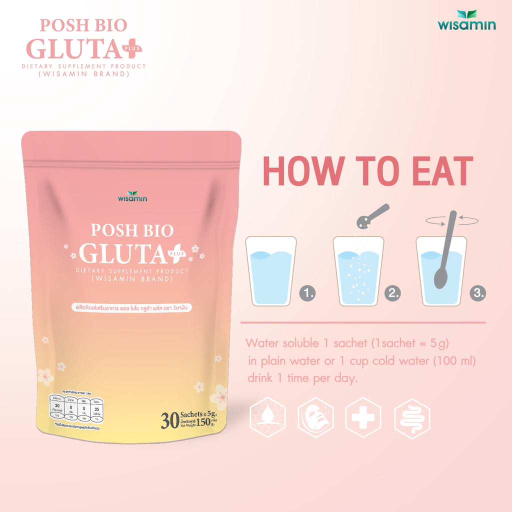 WISAMIN Posh Bio Gluta | Postbiotic (Probiotics + Prebiotics) + L-Glutathione | Halal Certified | 1 Bag (30 Sachets)