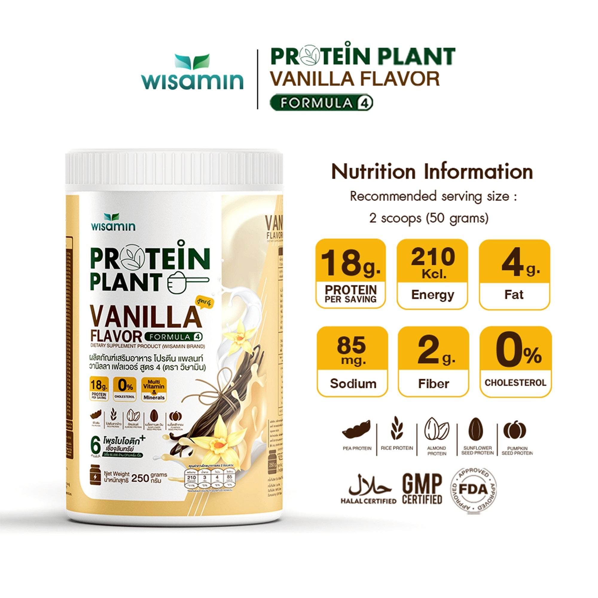 WISAMIN Plant Protein Formula 4 | High protein 18-22g | 250g | 14 Flavors | Halal Certified | Organic | Probiotics & Vitamin-Mineral Blend
