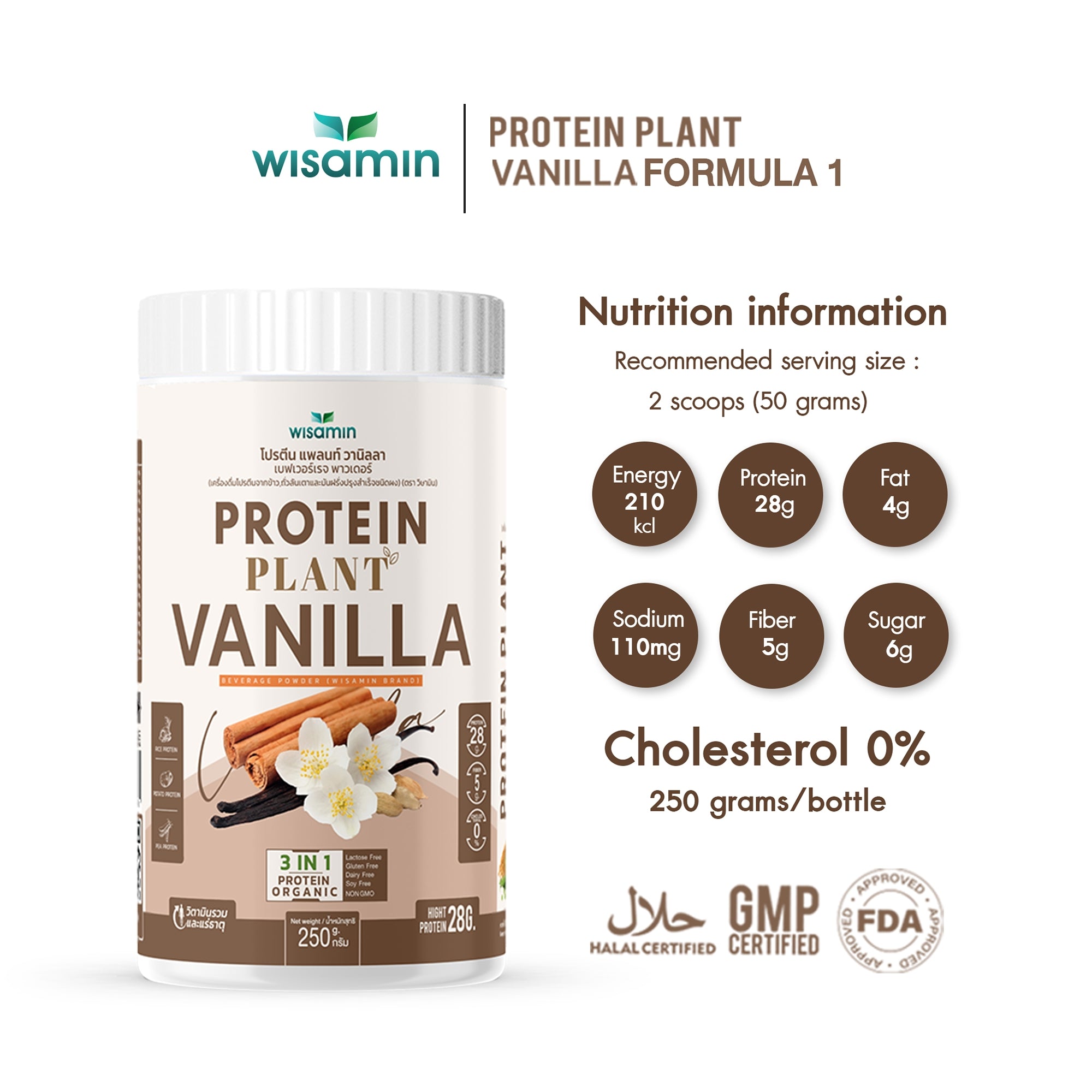 WISAMIN Plant Protein Formula 1 | High protein 27-30g | 10 Flavors | 250g | Organic | Halal | Soy-Free | Non-GMO | No Added Sugar