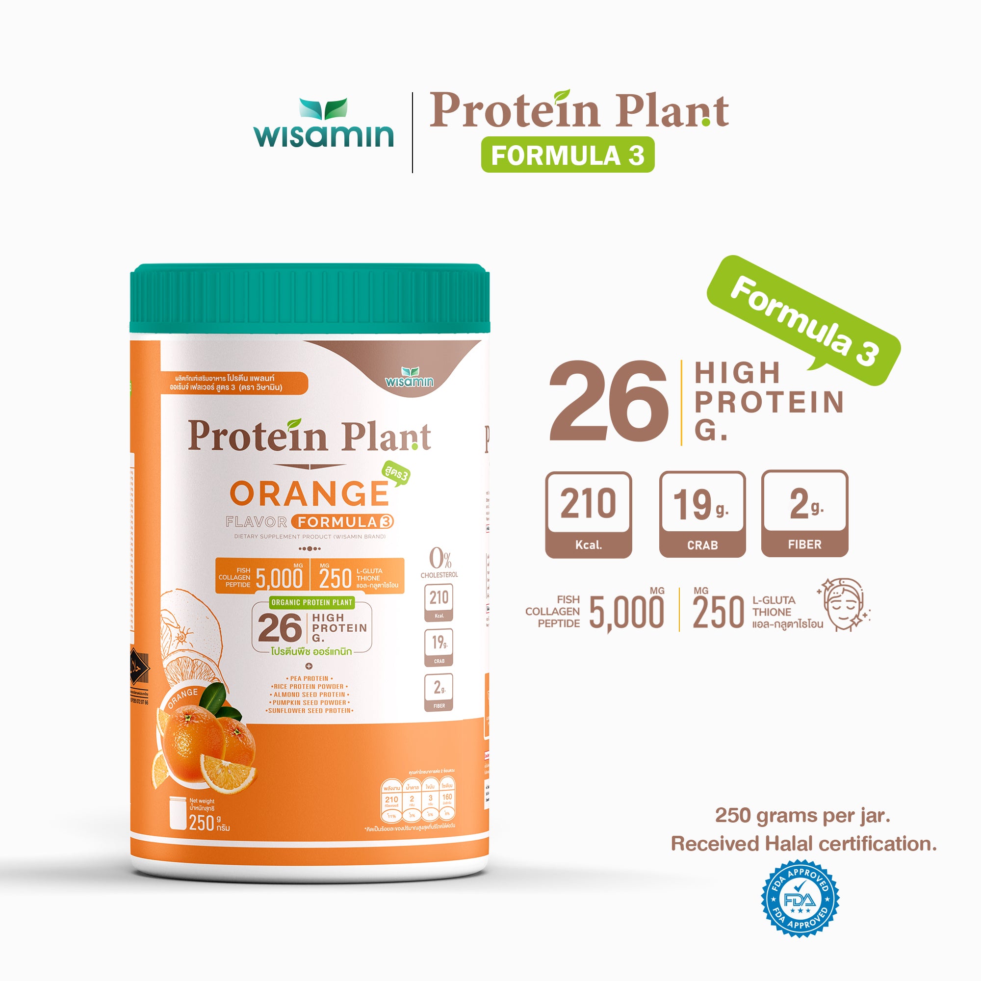 WISAMIN Formula Protein Tumbuhan 3 | Protein tinggi 25-28g | Dengan Peptida Kolagen & L-Glutathione | 250g | 11 Perisa | Disahkan Halal | Organik