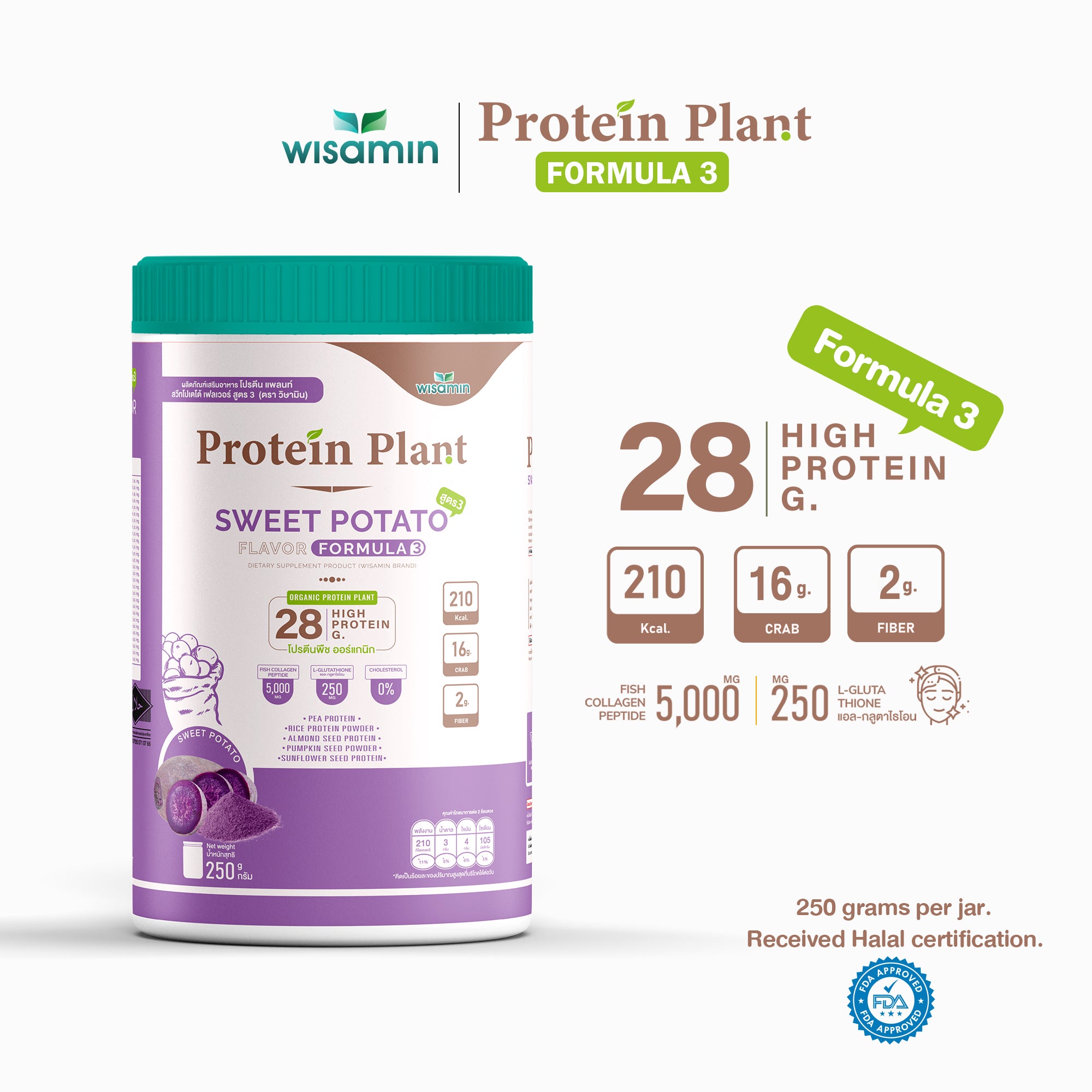 WISAMIN Formula Protein Tumbuhan 3 | Protein tinggi 25-28g | Dengan Peptida Kolagen & L-Glutathione | 250g | 11 Perisa | Disahkan Halal | Organik