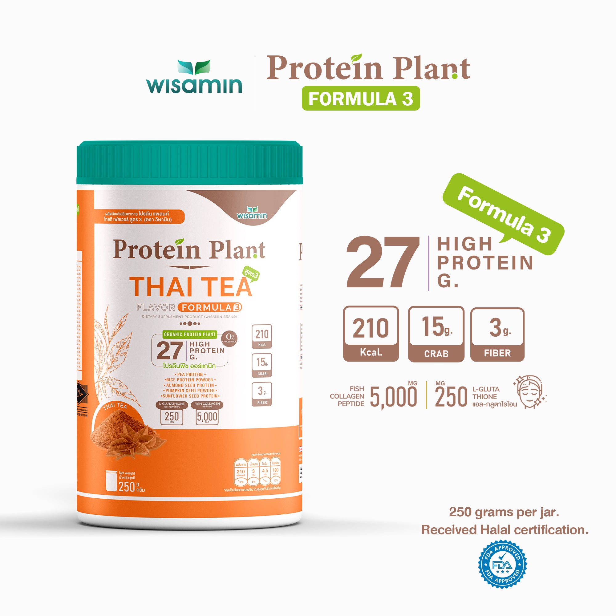 WISAMIN Formula Protein Tumbuhan 3 | Protein tinggi 25-28g | Dengan Peptida Kolagen & L-Glutathione | 250g | 11 Perisa | Disahkan Halal | Organik