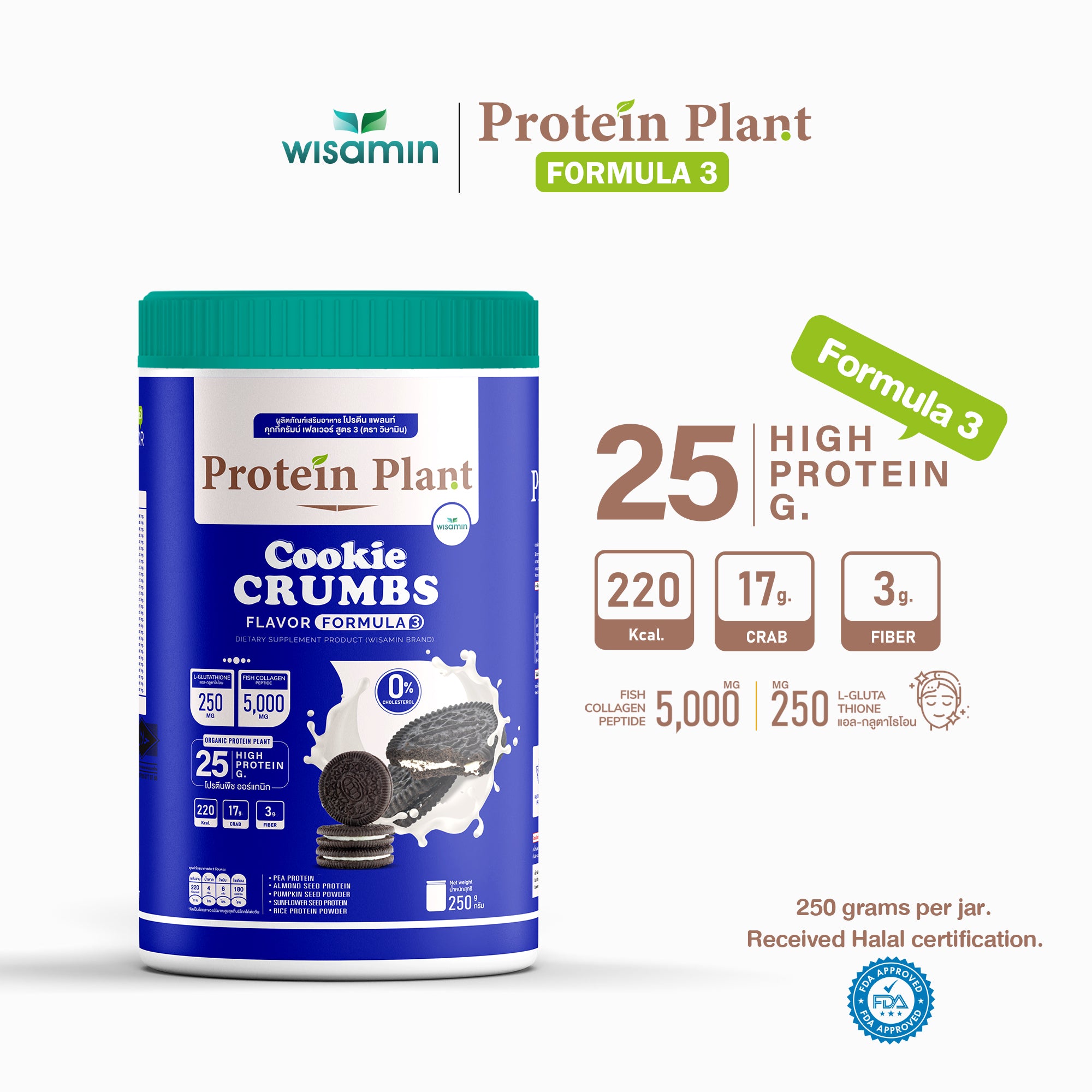 WISAMIN Formula Protein Tumbuhan 3 | Protein tinggi 25-28g | Dengan Peptida Kolagen & L-Glutathione | 250g | 11 Perisa | Disahkan Halal | Organik