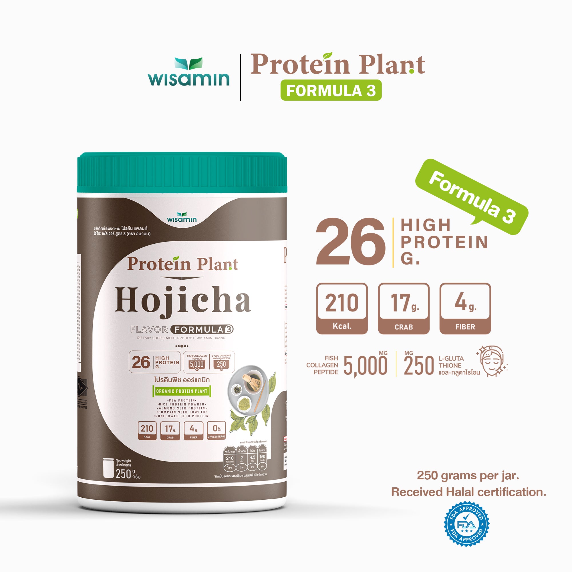 WISAMIN Formula Protein Tumbuhan 3 | Protein tinggi 25-28g | Dengan Peptida Kolagen & L-Glutathione | 250g | 11 Perisa | Disahkan Halal | Organik
