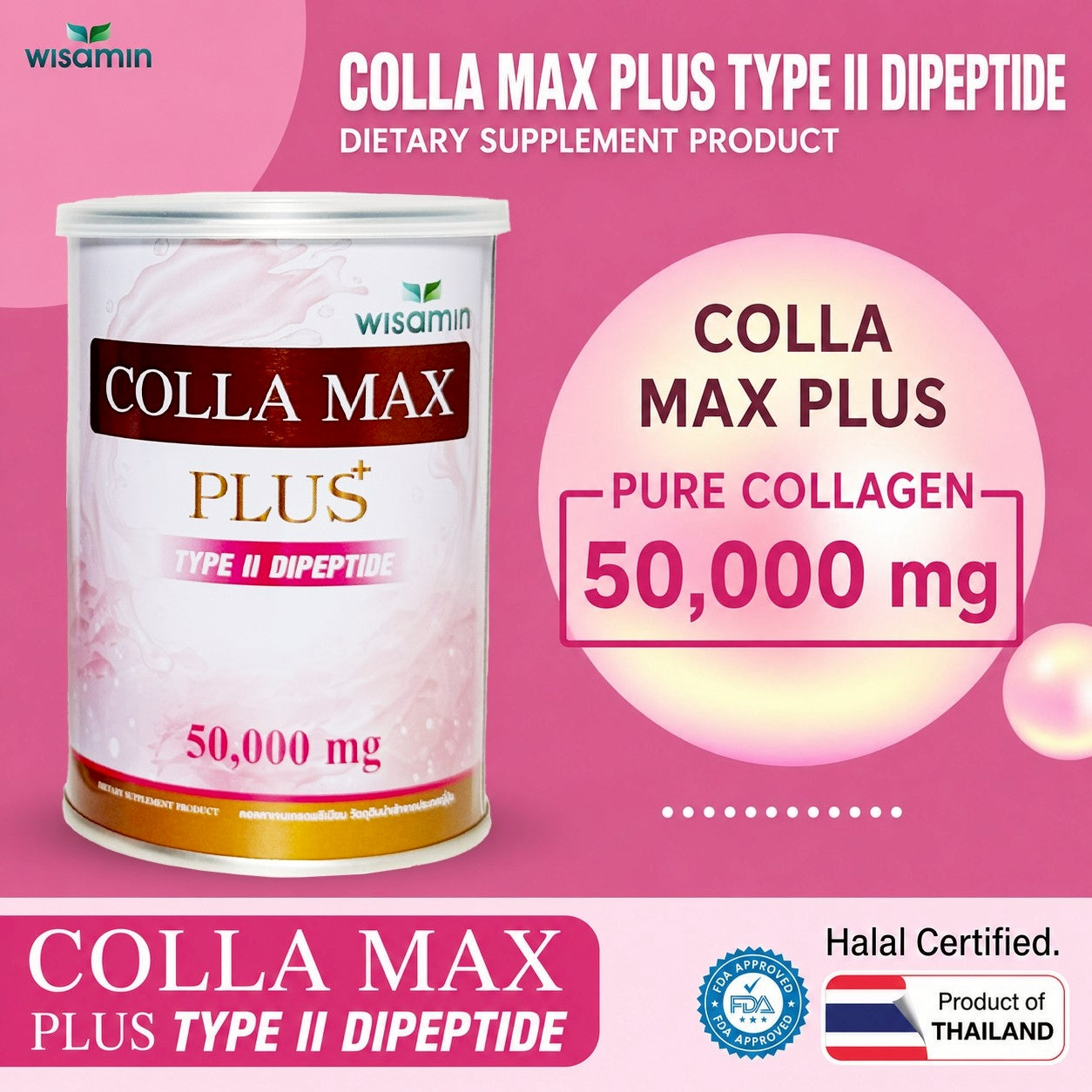 WISAMIN COLLA MAX PLUS | Pure Type II Collagen Dipeptide | 50,000 mg per Jar | Halal Certified