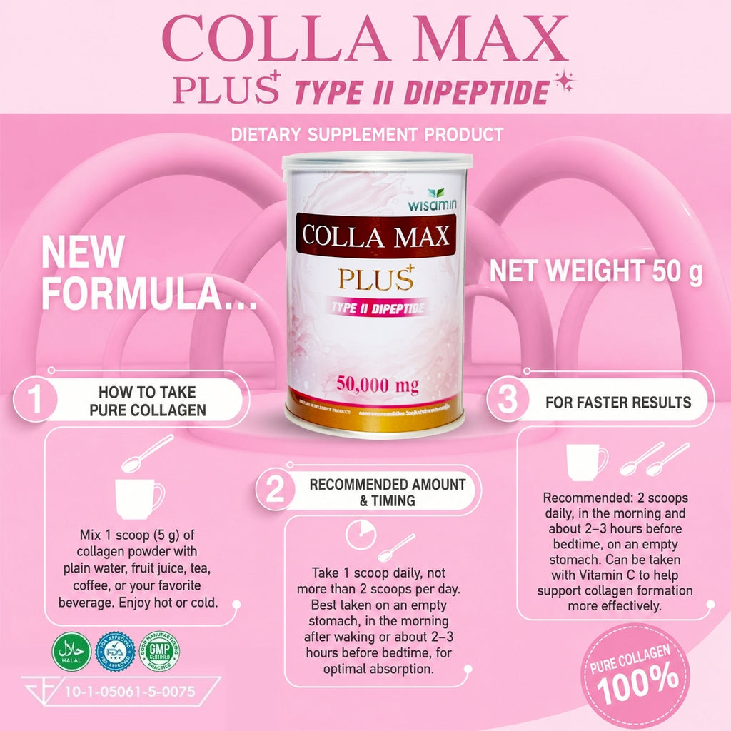 WISAMIN COLLA MAX PLUS | Pure Type II Collagen Dipeptide | 50,000 mg per Jar | Halal Certified