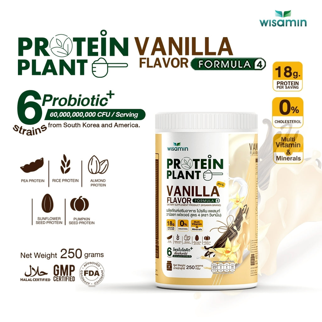 WISAMIN Plant Protein Formula 4 | High protein 18-22g | 250g | 14 Flavors | Halal Certified | Organic | Probiotics & Vitamin-Mineral Blend