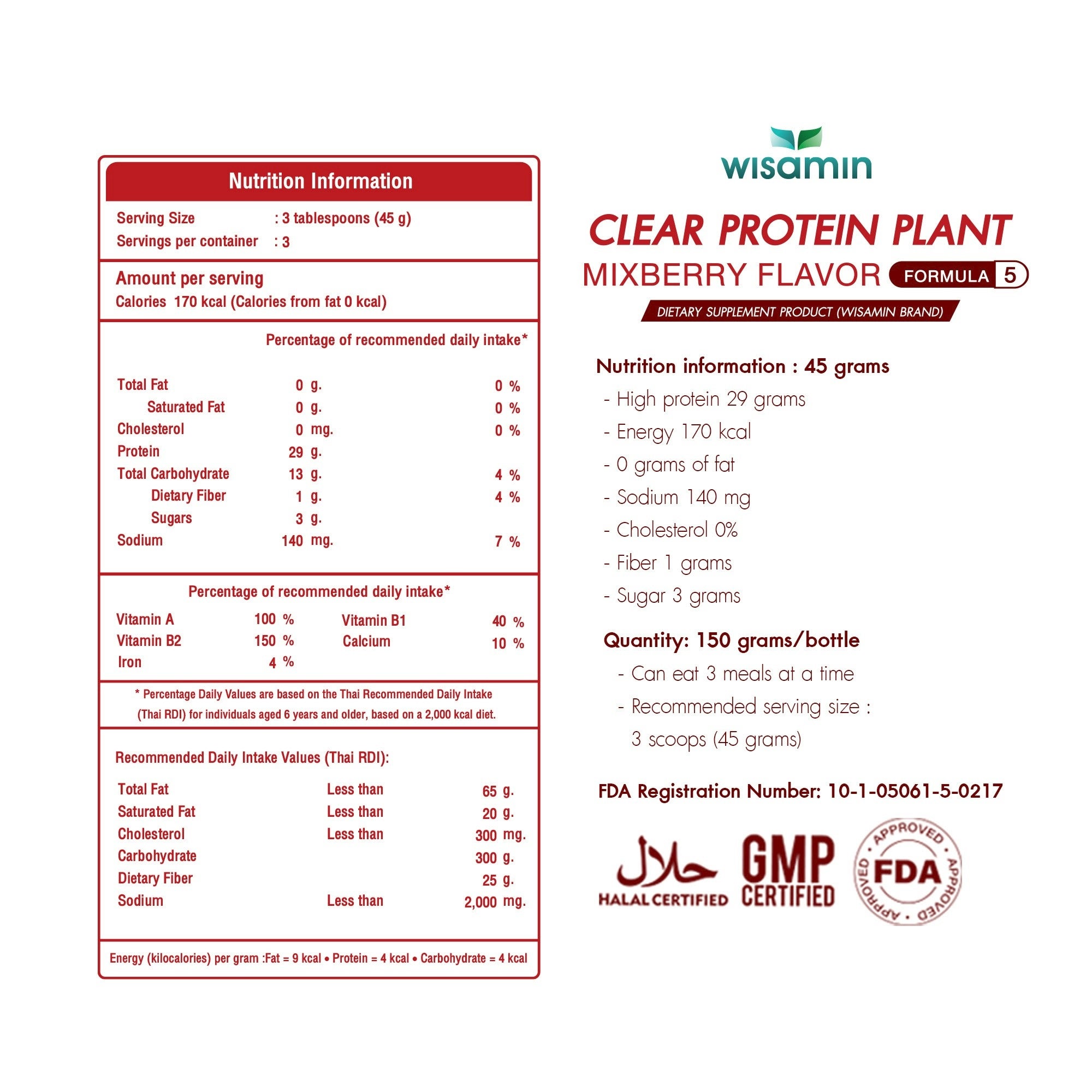 WISAMIN Clear Plant Protein Peptide Formula 5 | 150g | 5 Flavors | Halal Certified | Gluten-Free | Non-GMO