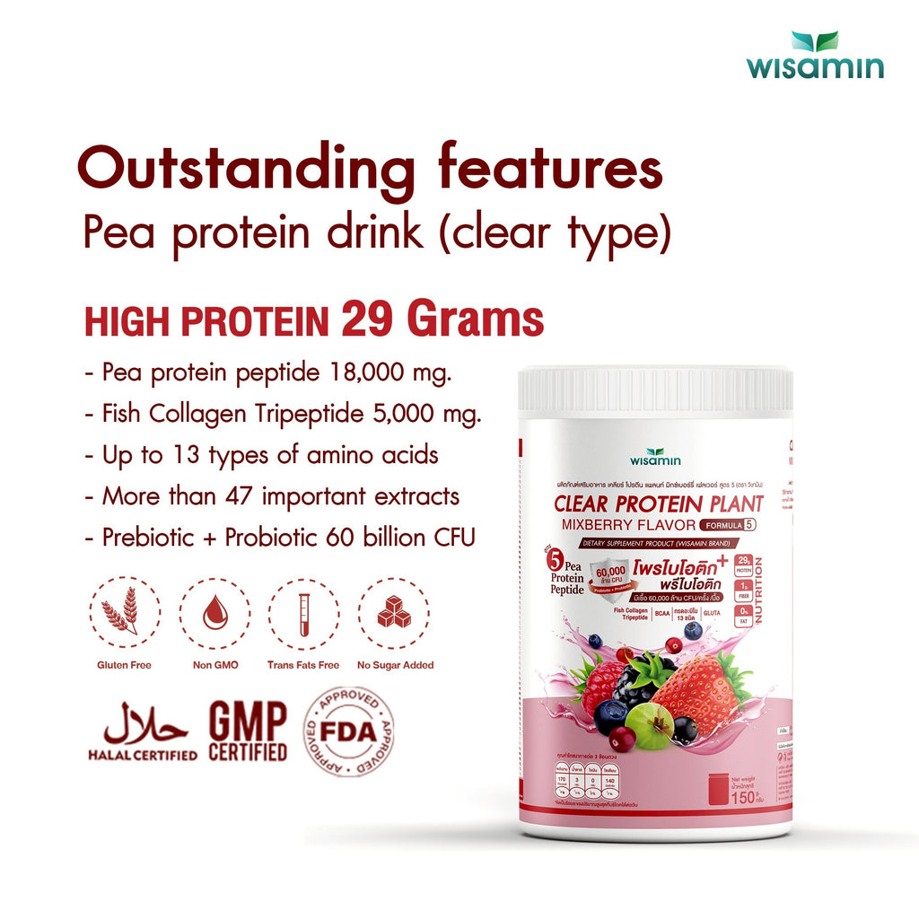 WISAMIN Clear Plant Protein Peptide Formula 5 | 150g | 5 Flavors | Halal Certified | Gluten-Free | Non-GMO