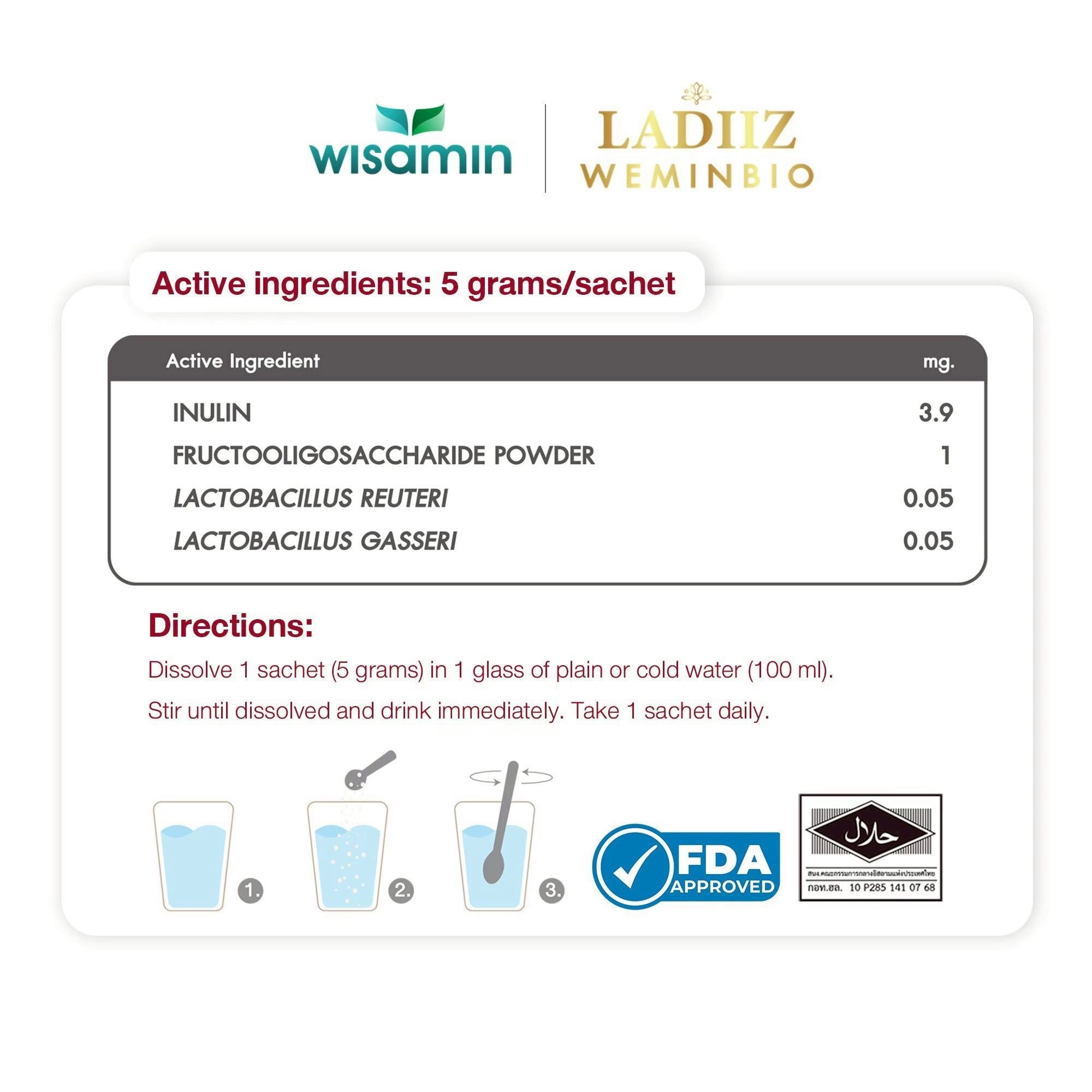 WISAMIN LADIIZ WEMINBIO Probiotics for Women | With Prebiotics | 30 Sachets | Halal Certified