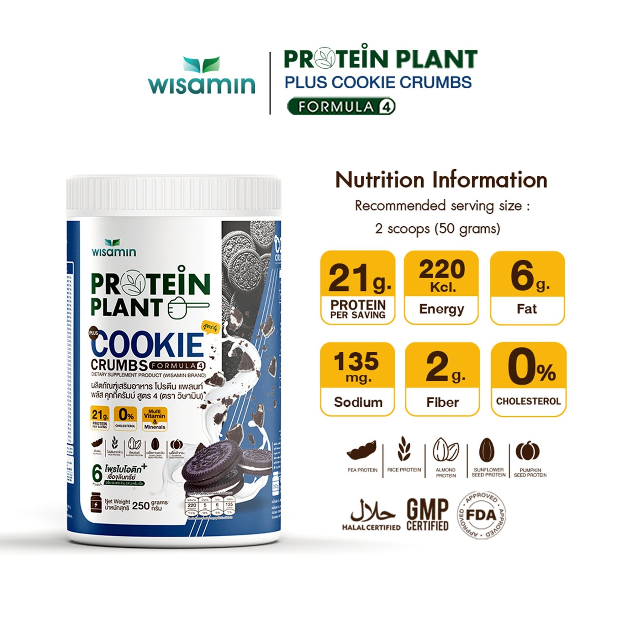 WISAMIN Plant Protein Formula 4 | High protein 18-22g | 250g | 14 Flavors | Halal Certified | Organic | Probiotics & Vitamin-Mineral Blend