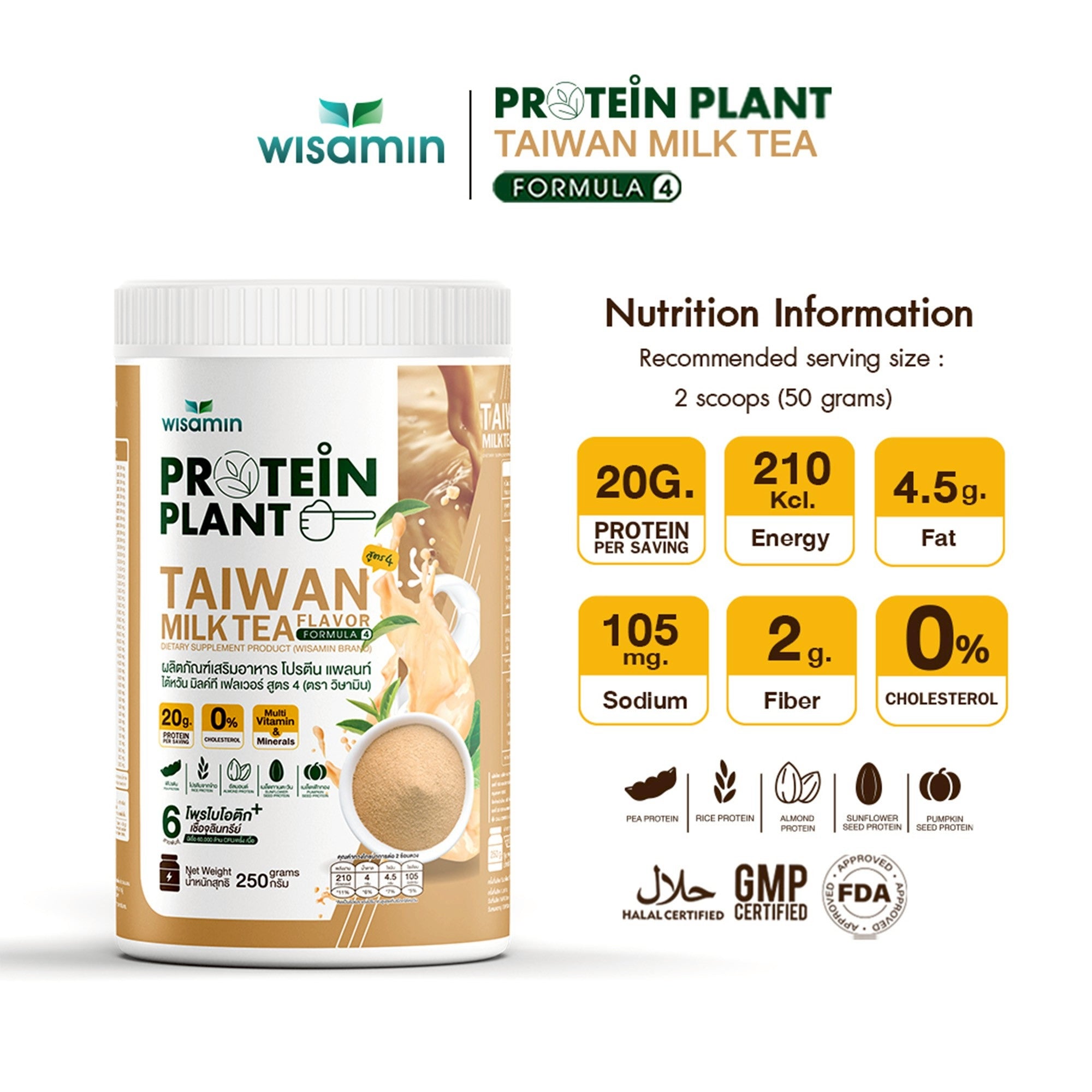 WISAMIN Plant Protein Formula 4 | High protein 18-22g | 250g | 14 Flavors | Halal Certified | Organic | Probiotics & Vitamin-Mineral Blend