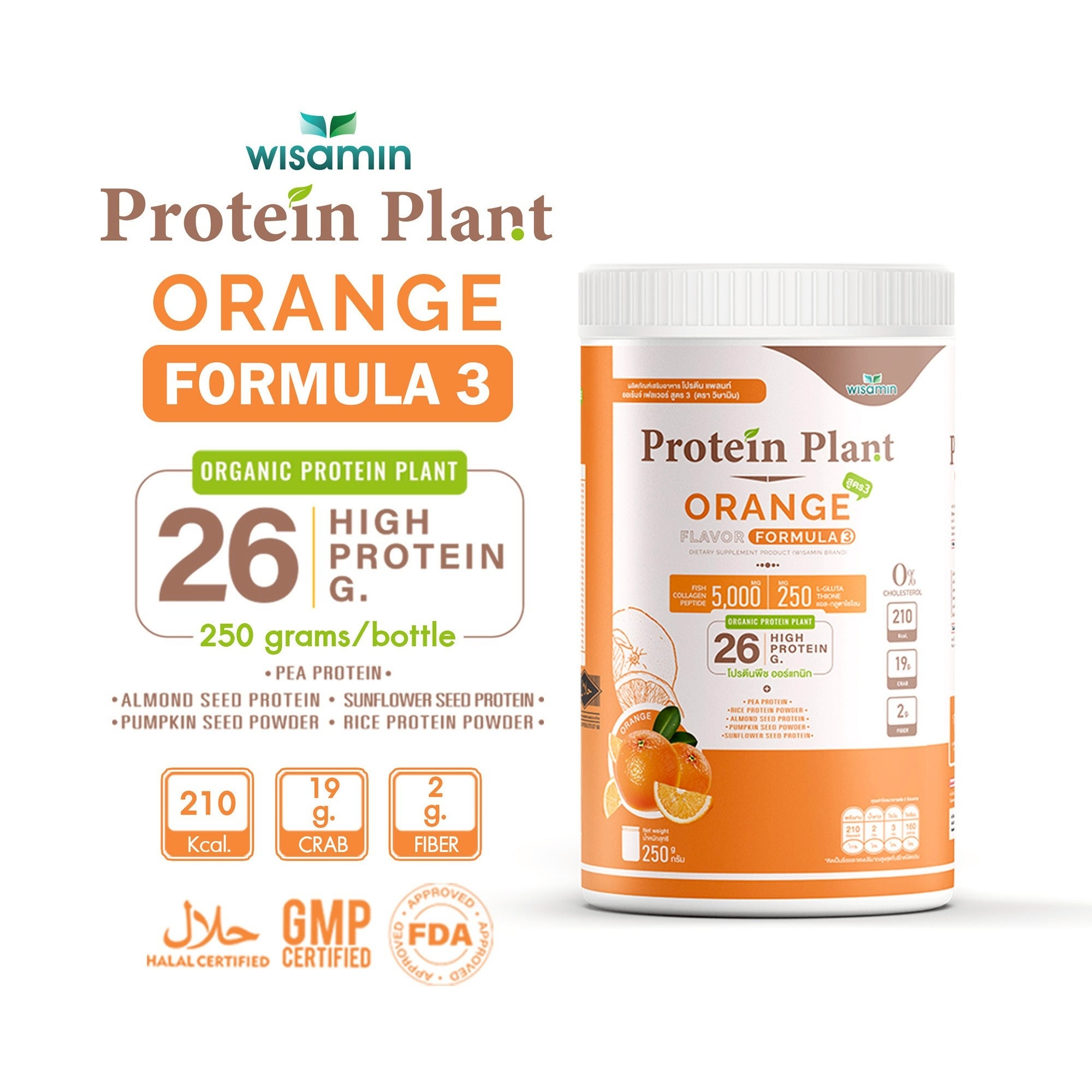 WISAMIN Plant Protein Formula 3 | High protein 25-28g | With Collagen Peptide & L-Glutathione | 250g | 11 Flavors | Halal Certified | Organic