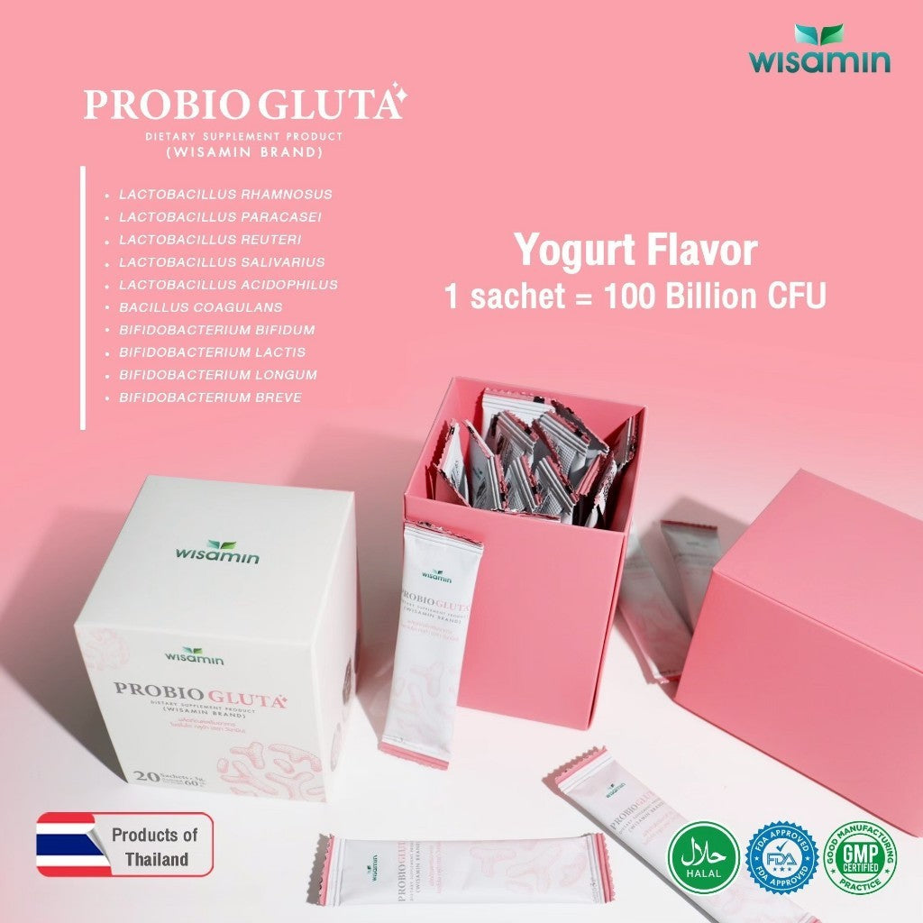 WISAMIN PROBIO GLUTA | 10 Probiotic Strains | 100 Billion CFU | L-Glutathione | Yogurt Flavor | Halal Certified | 1 Box 20 Sachets