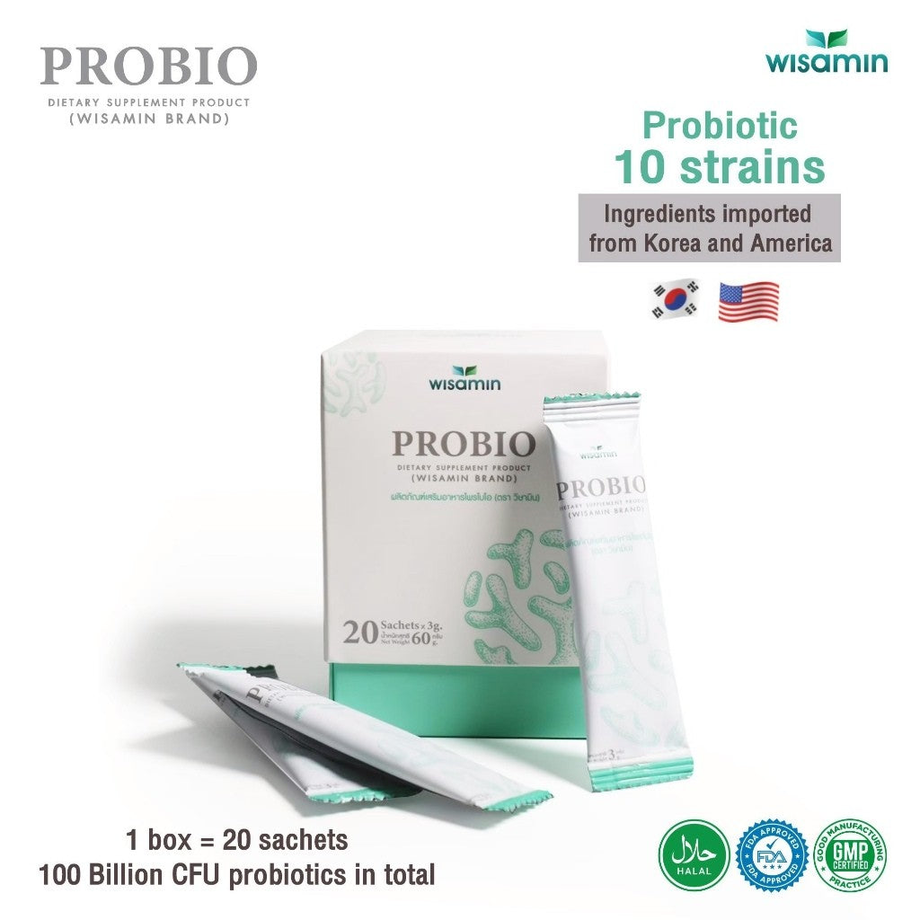WISAMIN PROBIO Probiotic Chocolate Mint Flavor | 10 Probiotic Strains 100 Billion CFU | Halal Certified | 1 Box 20 Sachets
