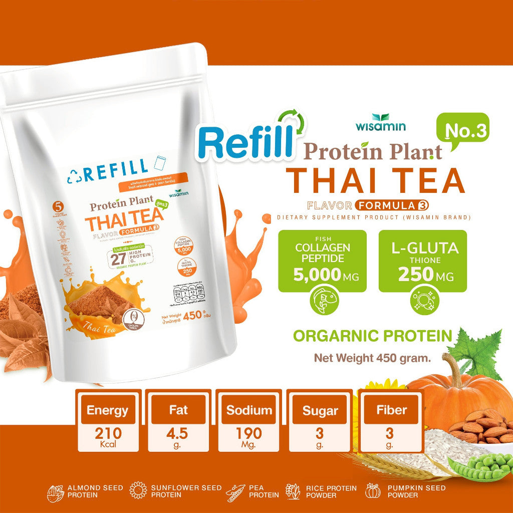 WISAMIN Plant Protein Formula 3 | Refill Pack 450 g | 11 Flavors | Halal Certified | Organic | Collagen Peptide | L-Glutathione