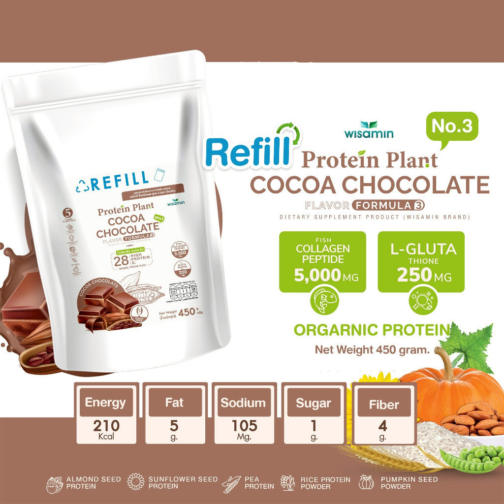 WISAMIN Plant Protein Formula 3 | Refill Pack 450 g | 11 Flavors | Halal Certified | Organic | Collagen Peptide | L-Glutathione