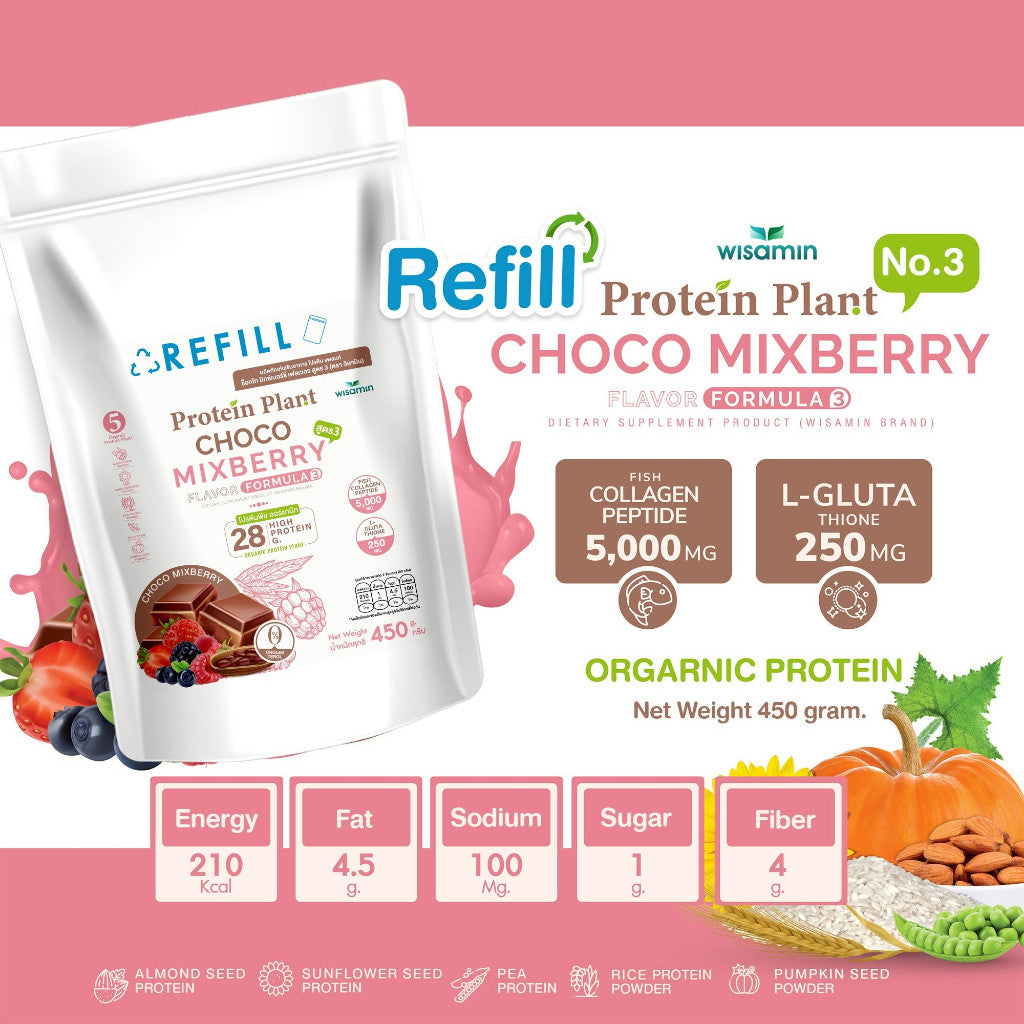 WISAMIN Plant Protein Formula 3 | Refill Pack 450 g | 11 Flavors | Halal Certified | Organic | Collagen Peptide | L-Glutathione