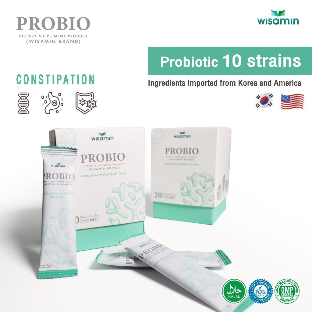 WISAMIN PROBIO Probiotic Chocolate Mint Flavor | 10 Probiotic Strains 100 Billion CFU | Halal Certified | 1 Box 20 Sachets