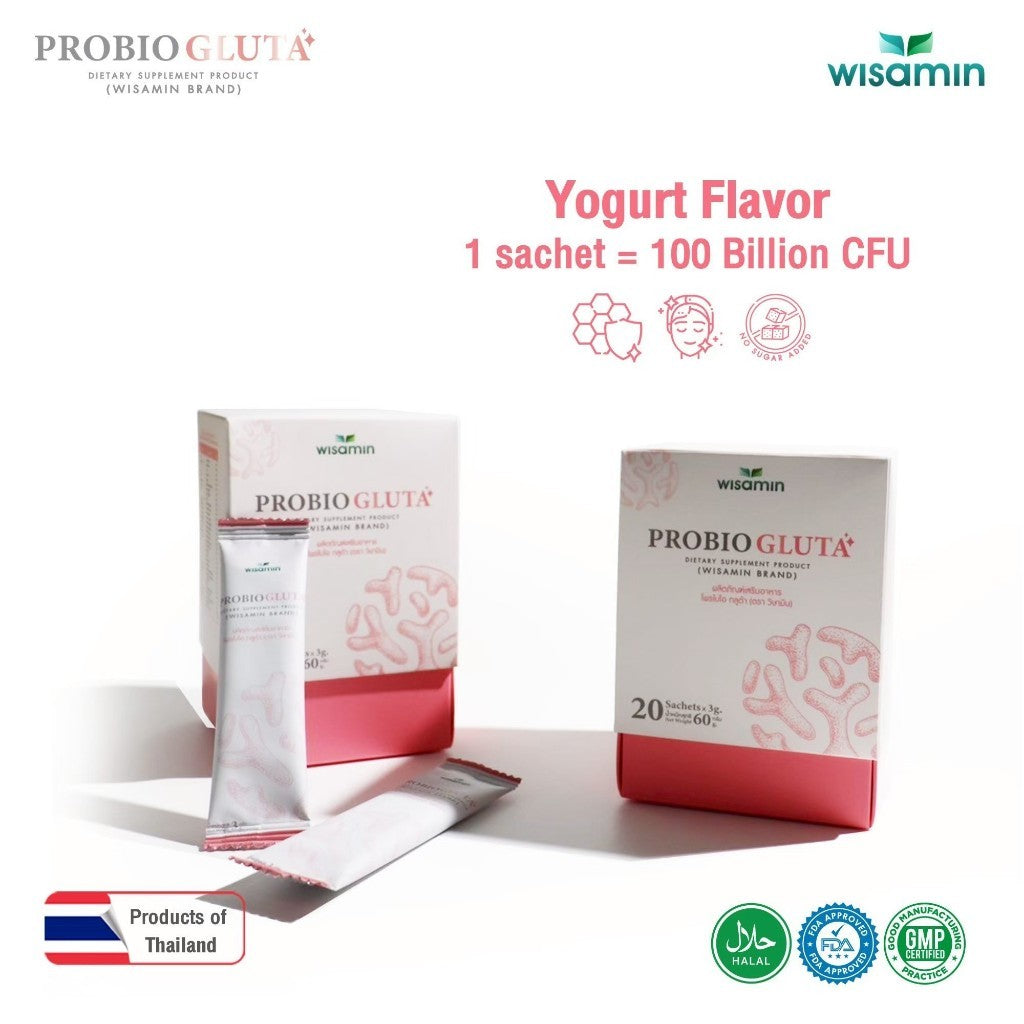 WISAMIN PROBIO GLUTA | 10 Probiotic Strains | 100 Billion CFU | L-Glutathione | Yogurt Flavor | Halal Certified | 1 Box 20 Sachets