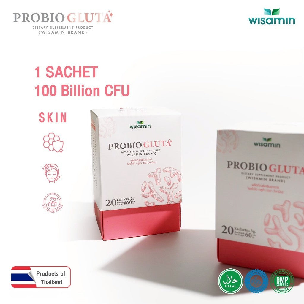 WISAMIN PROBIO GLUTA | 10 Probiotic Strains | 100 Billion CFU | L-Glutathione | Yogurt Flavor | Halal Certified | 1 Box 20 Sachets