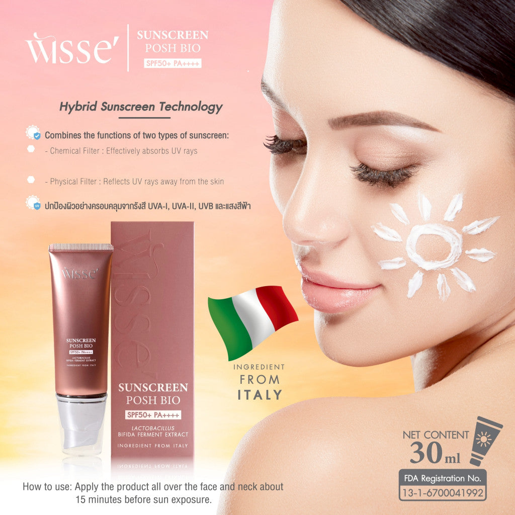 WISSE SUNSCREEN POSH BIO SPF50+ PA++++ | Hybrid Sunscreen Technology | 30 ml per Tube