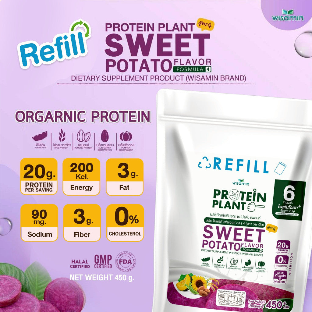 WISAMIN Plant Protein Formula 4 | Refill Pack 450 g | 14 Flavors | Halal Certified | Organic | Probiotics & Minerals