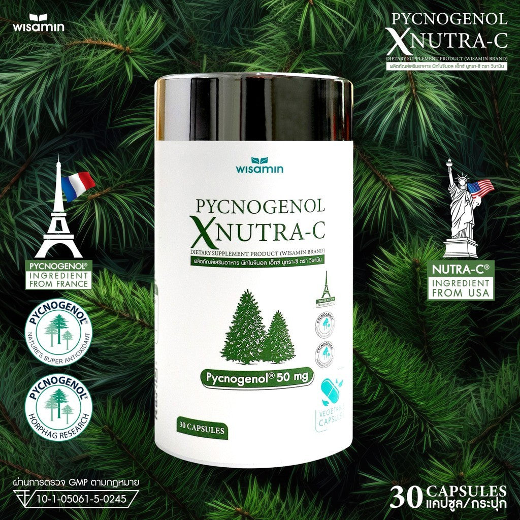 WISAMIN Pycnogenol X Nutra-C 590mg Capsules | Maritime Pine Bark Extract (France) | 30 Capsules | Halal Certified