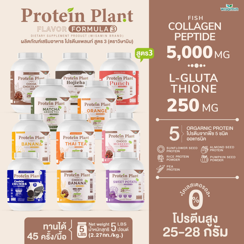 WISAMIN Plant Protein Formula 3 | 2.27 kg (5 lb) | 11 Flavors | Halal | Organic | Collagen Peptide | L-Glutathione