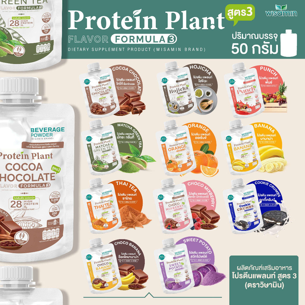 WISAMIN Plant Protein Formula 3 | 50g Ready-to-Mix Sachet | 11 Flavors | Halal | Organic | Collagen Peptide | L-Glutathione