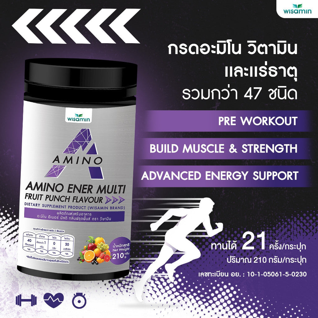 WISAMIN AMINO ENER Pre-Workout Amino Energy | Fruit Punch Flavor | Halal Certified | 210g per Jar