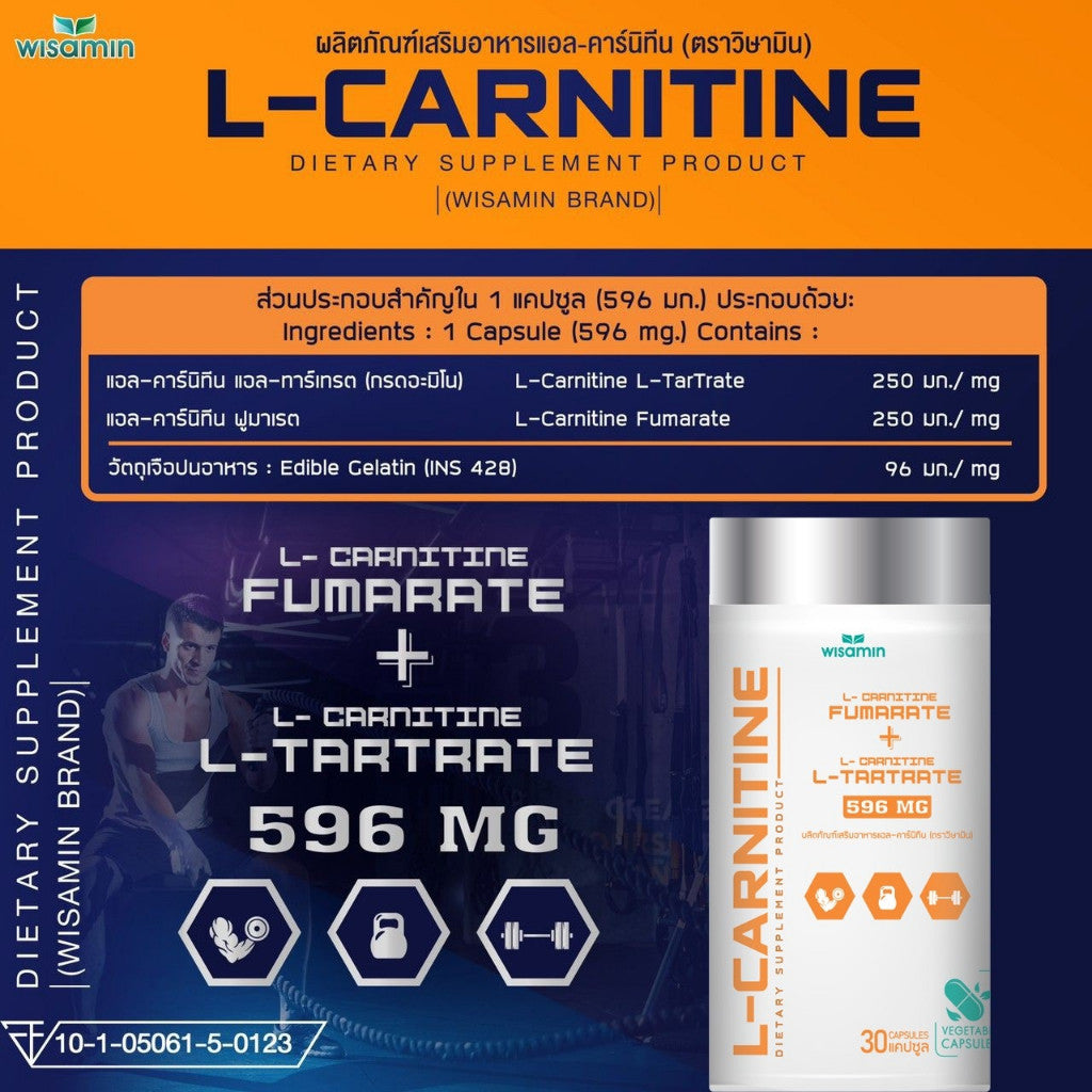 WISAMIN L-Carnitine 500mg | Amino Acid Dietary Supplement | Halal Certified | 30 Capsules