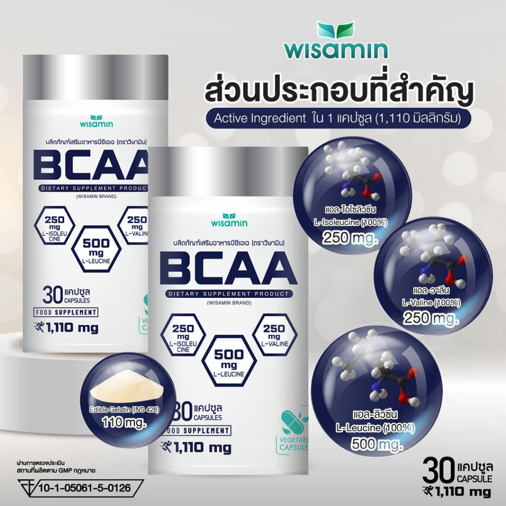 WISAMIN BCAA 1,000mg | Branched-Chain Amino Acid Formula | Halal Certified | 30 Capsules